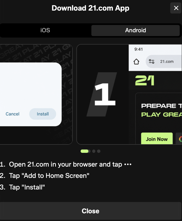 Installationsdialog der 21 com casino App auf Android mit Install-Button