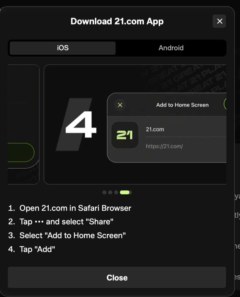 Installationsdialog der 21 com casino App auf iOS mit Add to Home Screen