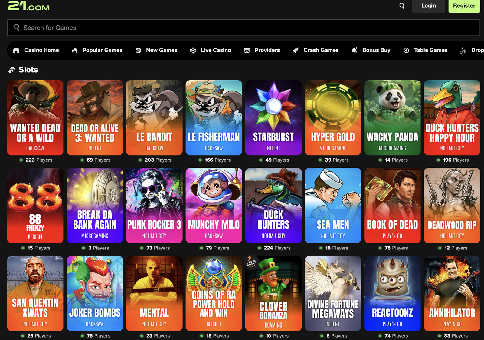 Slot-Lobby im 21 com casino mit Kategorien und Live-Spielerzahlen