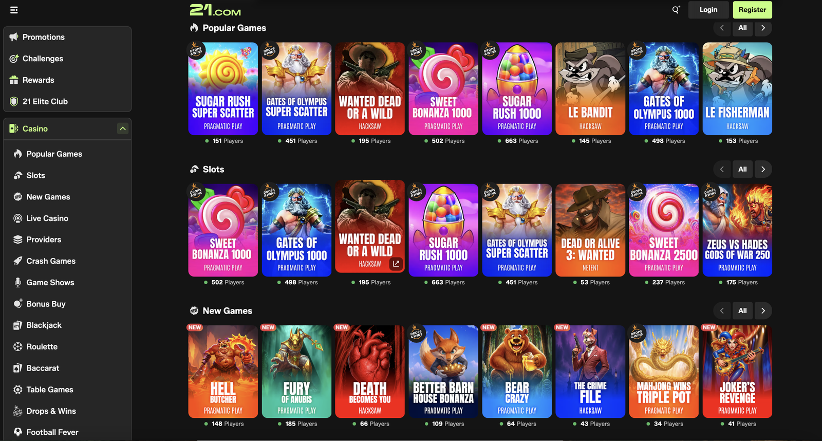 Spieleauswahl im 21 com casino Beliebte Slots im 21 com casino mit Live-Spielerzahlen