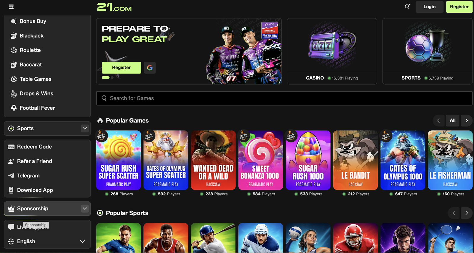21 com casino Startseite 21 com casino Startseite mit Spielelobby und Sportbereich