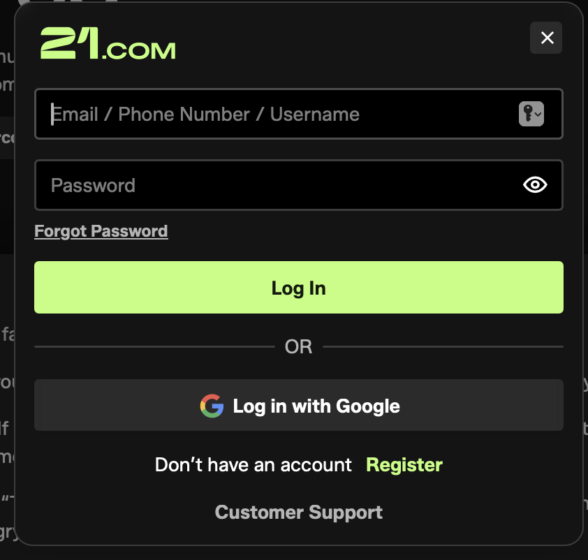 Login-Dialog des 21 com casino mit E-Mail, Telefonnummer oder Username und Google-Login