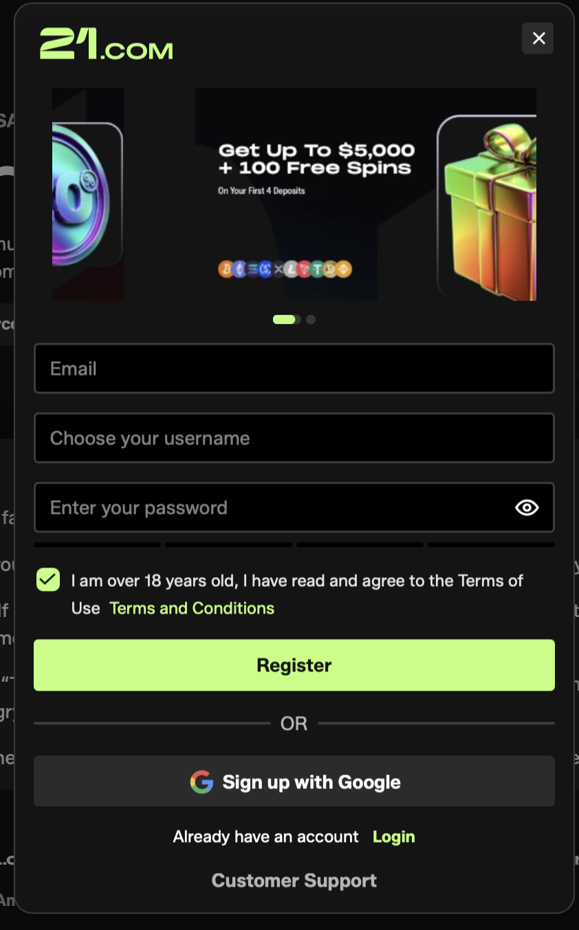 Registrierungsformular des 21 com casino mit E-Mail, Username, Passwort und 18-plus-Checkbox