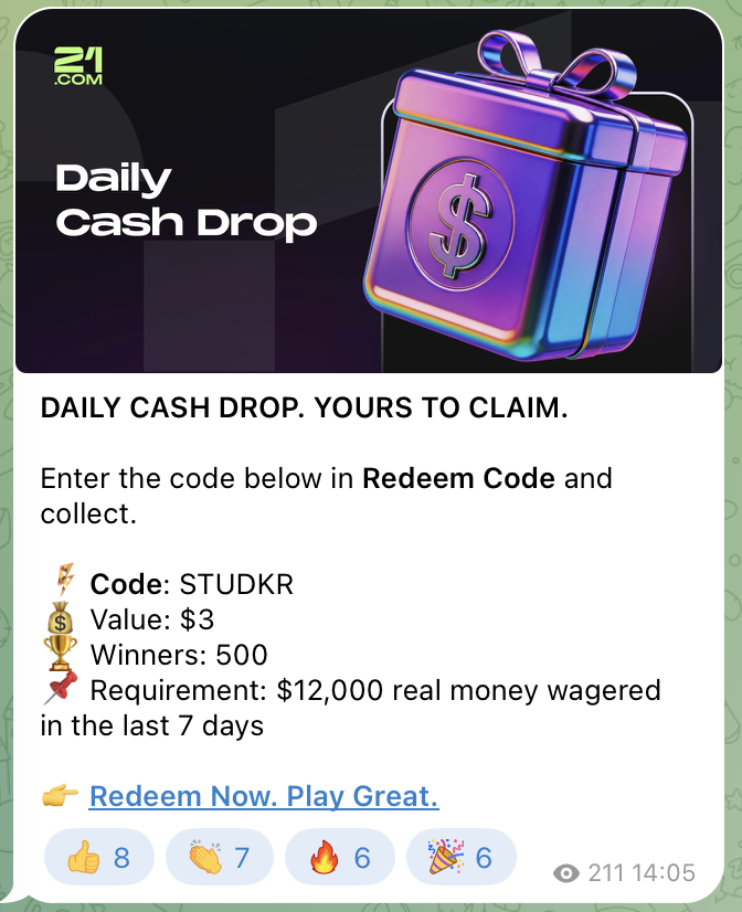 Daily Cash Drop im Telegram-Kanal des 21 com casino mit Code über 3 Dollar