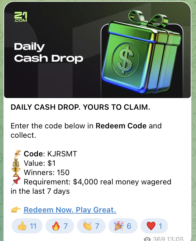 Daily Cash Drop im Telegram-Kanal des 21 com casino mit Code über 1 Dollar