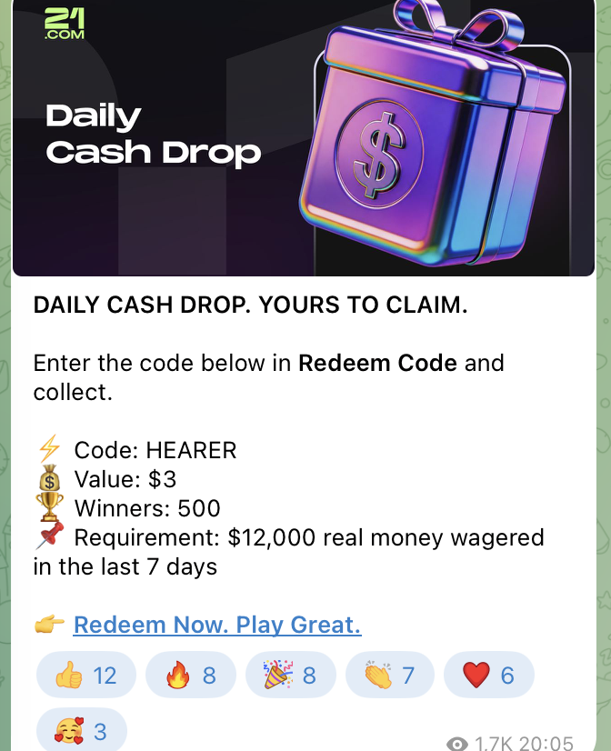Weiterer Daily Cash Drop im Telegram-Kanal des 21 com casino