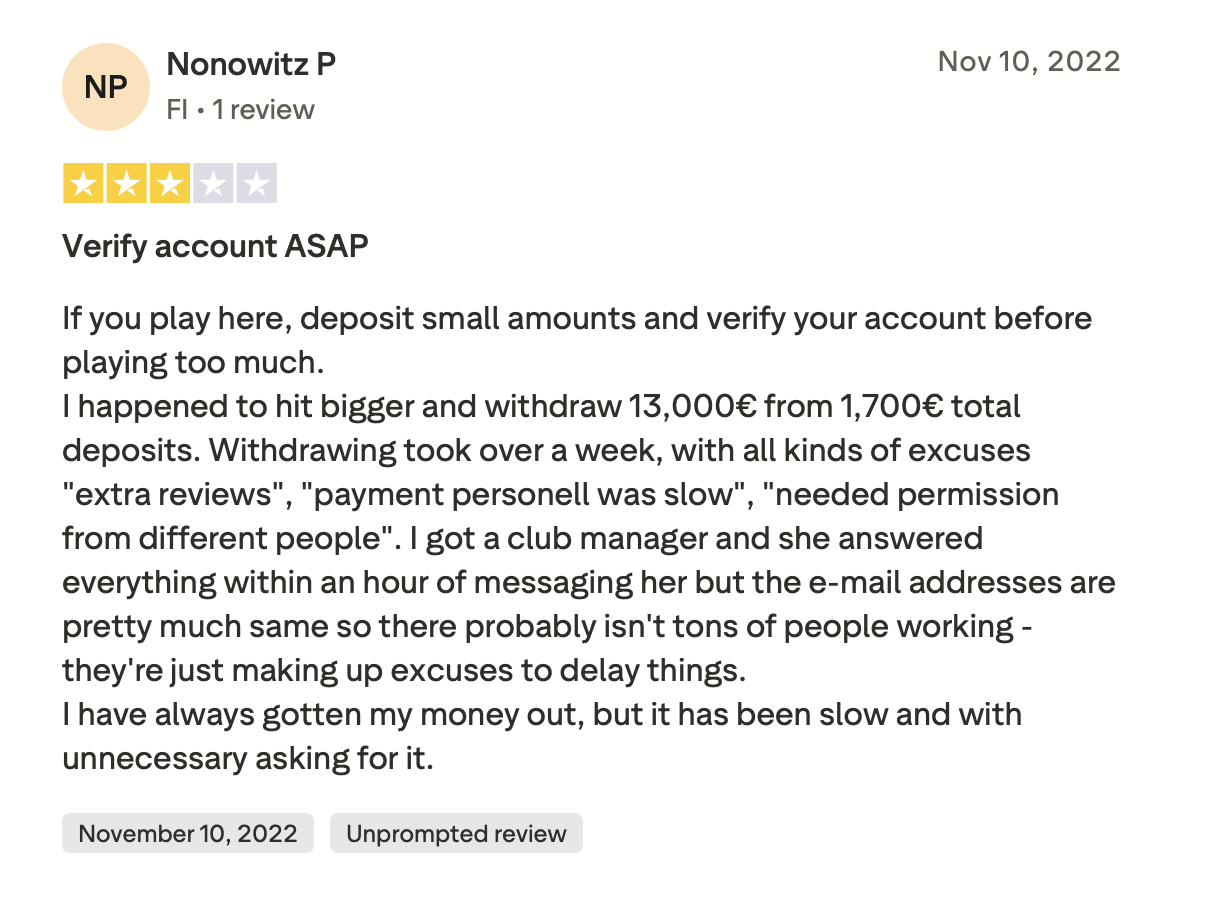 Trustpilot-Bewertung aus 2022 über eine langsame Auszahlung von 13000 Euro beim früheren Betreiber