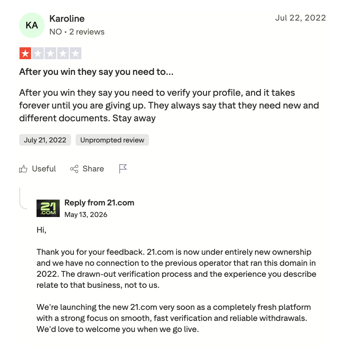 Offizielle Trustpilot-Antwort von 21.com zum Betreiberwechsel und neuem Eigentum