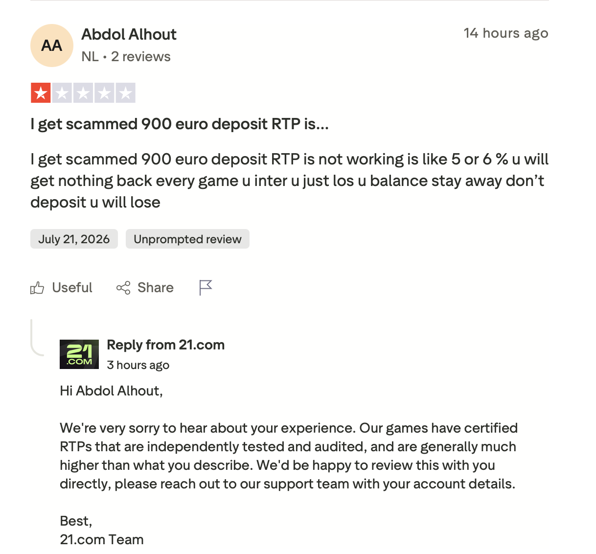 Negative Trustpilot-Bewertung mit RTP-Kritik und offizieller Antwort von 21.com